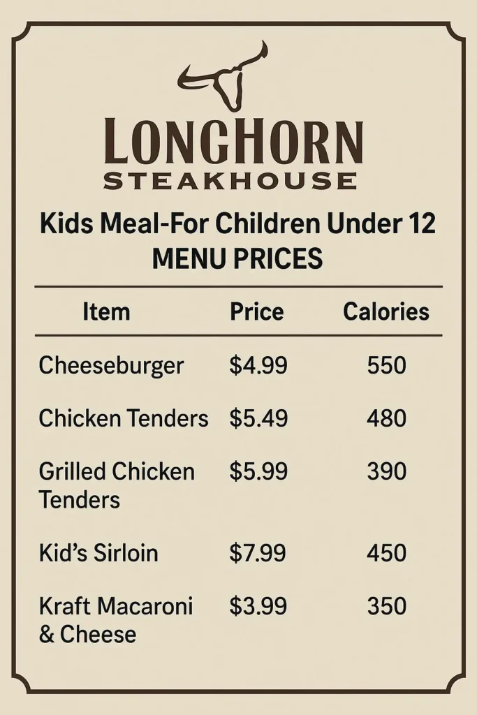 Longhorn Steakhouse Kids Meal For Children Under 12 Menu
