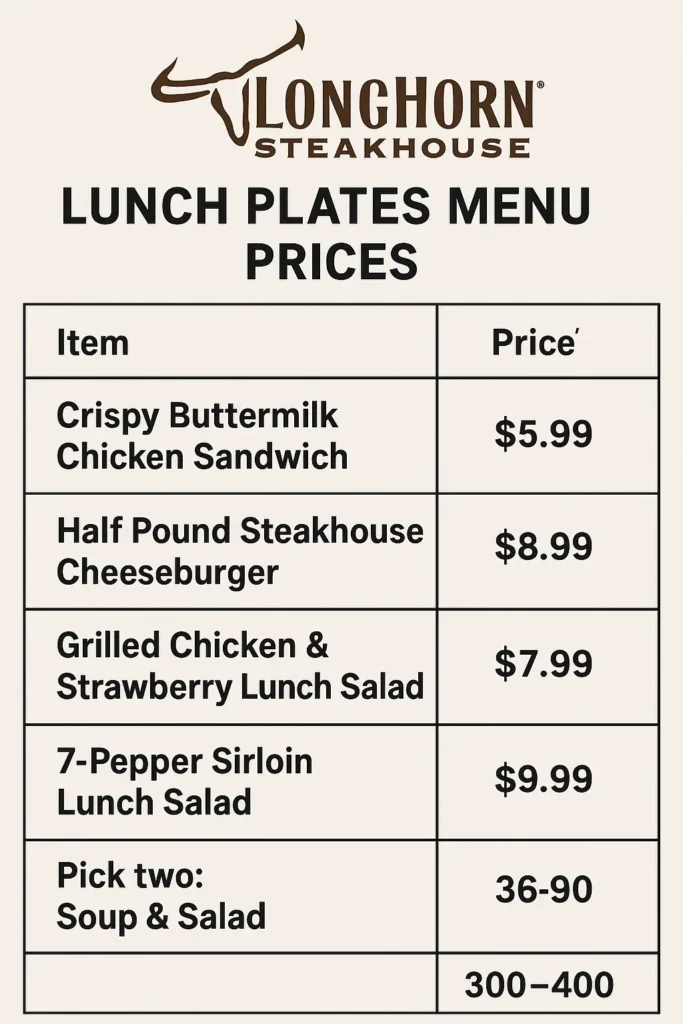 Longhorn Steakhouse Lunch Plates Menu